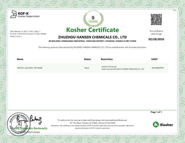 Çin Zhuzhou Hansen Chemicals Co.,Ltd Sertifikalar